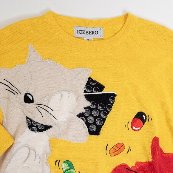 Vintage Iceberg Cat Sweater Yellow Knit Jumper Italy Cartoon Graphic Rave Party - Picture 4 of 12